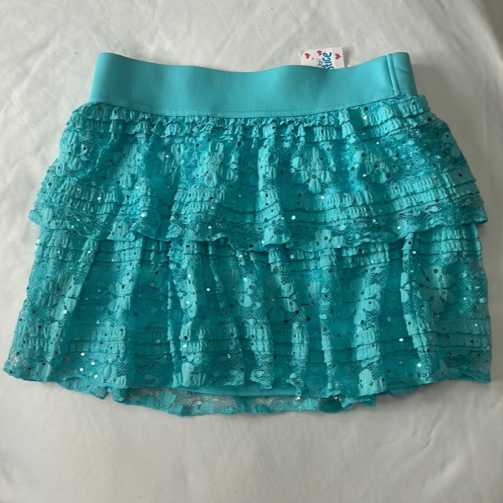 NWT Justice aqua layered sparkly skirt with attached shorts underneath